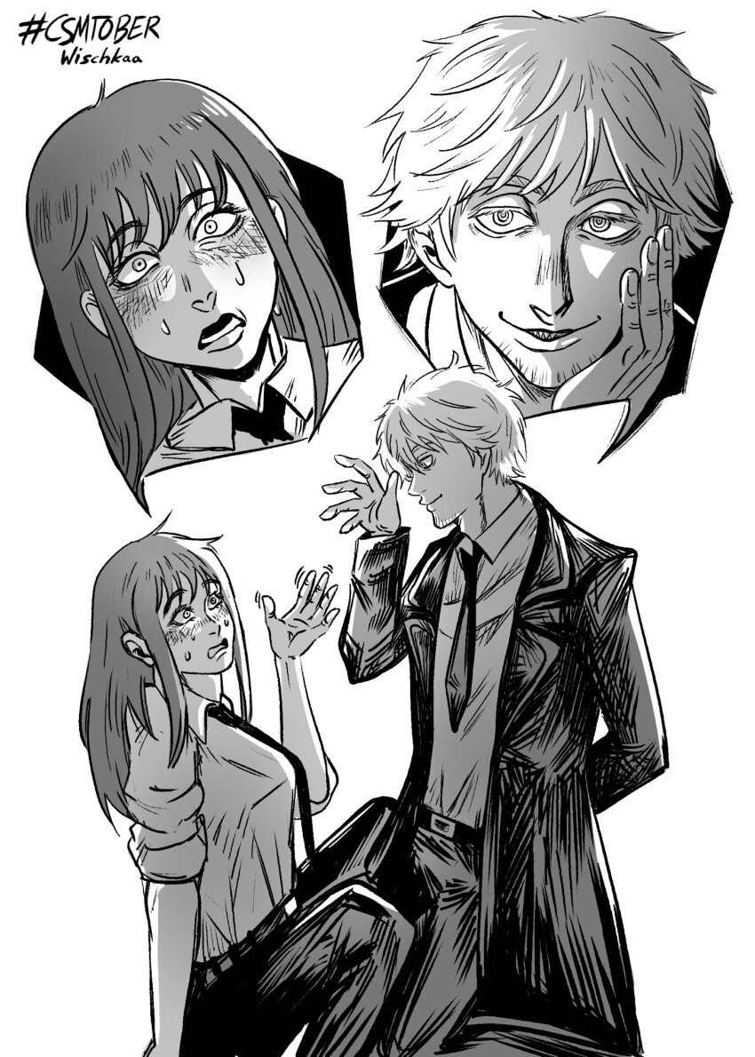 1boy 1girl artist_name black_necktie blush chainsaw_man coat denji_(chainsaw_man) dress_shirt greyscale hair_down highres makima_(chainsaw_man) monochrome necktie ringed_eyes role_reversal sharp_teeth shirt short_hair sidelocks sparse_stubble speech_bubble teeth wischkaa