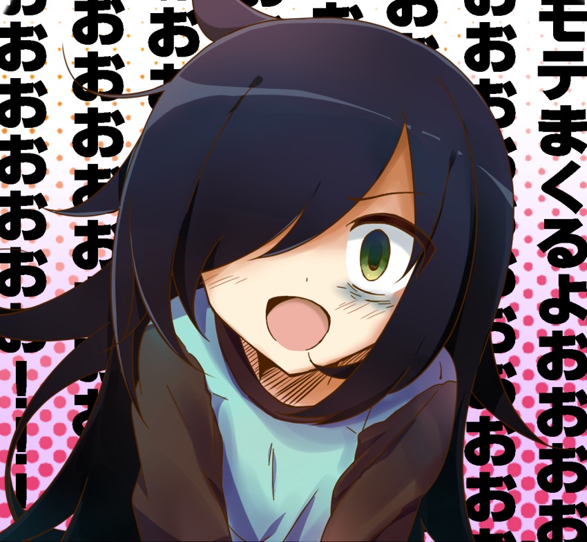 10s 1girl bags_under_eyes black_hair blush female_focus fuuri_(von@) green_eyes hair_over_one_eye highres kuroki_tomoko long_hair lyrics mojyo open_mouth shirt smile solo watashi_ga_motenai_no_wa_dou_kangaetemo_omaera_ga_warui!