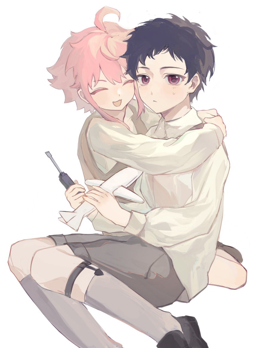 2boys :&lt; aged_down arms_around_neck black_footwear ensemble_stars! facing_another feet_out_of_frame fushimi_yuzuru grey_shorts highres himemiya_tori holding holding_screwdriver holding_toy hug invisible_floor knees_together_feet_apart kulalla loafers long_sleeves looking_ahead male_focus multiple_boys on_floor screwdriver shirt shoes shorts simple_background sitting socks sweatdrop toy toy_airplane white_background white_shirt yaoi