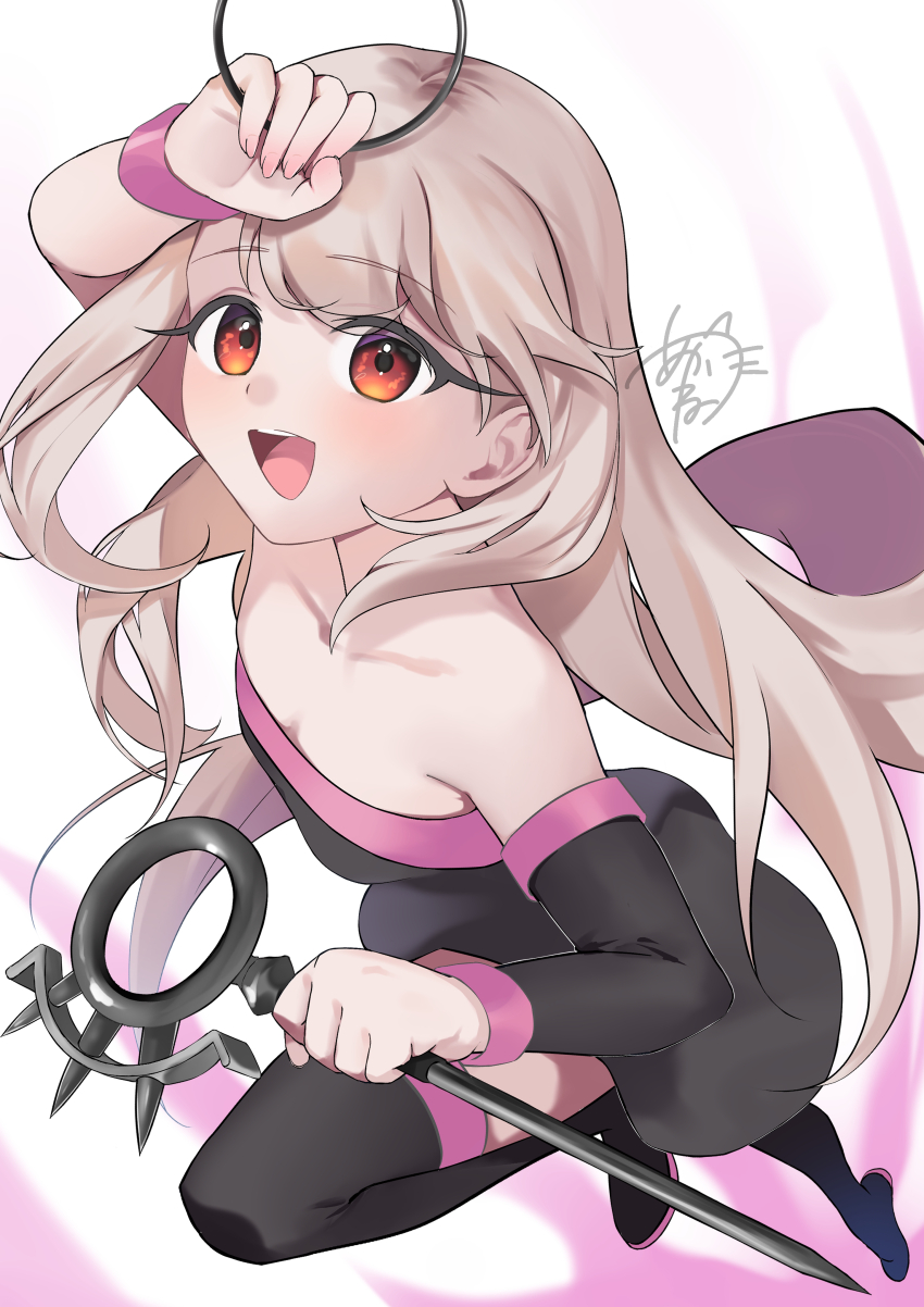 1girl absurdres akaneko016 bare_shoulders black_dress black_thighhighs blush breasts collarbone cosplay detached_sleeves dress fate/kaleid_liner_prisma_illya fate_(series) highres illyasviel_von_einzbern long_hair looking_at_viewer medusa_(fate) medusa_(rider)_(fate) medusa_(rider)_(fate)_(cosplay) nameless_dagger_(fate) open_mouth red_eyes short_dress sidelocks small_breasts smile solo thighhighs thighs weapon white_hair