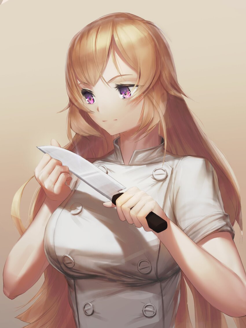 1girl absurdres blonde_hair breasts brown_background buttons chef closed_mouth commentary double-breasted english_commentary gradient_background highres holding holding_knife knife large_breasts long_hair looking_at_object nakiri_erina numanoan purple_eyes shokugeki_no_souma solo upper_body