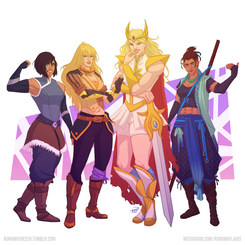 4girls abs adora_(she-ra) avatar_legends bare_shoulders beauregard_lionett black_crop_top black_pants blonde_hair blue_eyes blue_pants boots braid brown_footwear critical_role crossover dark-skinned_female dark_skin dungeons_&amp;_dragons elbow_gloves fingerless_gloves gauntlets gloves highres holding holding_sword holding_weapon korra lipstick long_hair makeup mechanical_arms midriff multiple_girls muscular muscular_female pants red_lips runawaylaris rwby she-ra_and_the_princesses_of_power shoulder_pads single_mechanical_arm skirt smile staff sword the_legend_of_korra tiara weapon white_footwear white_skirt yang_xiao_long yellow_gauntlets