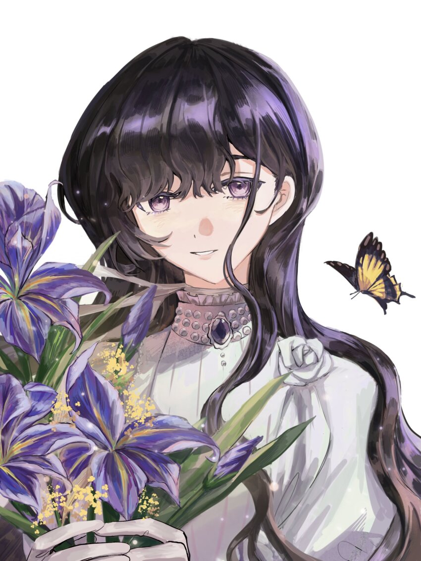 1girl akina_(akatsuki1218000) black_hair blue_flower bug butterfly dress flower grin hands_up highres holding holding_flower insect iris_(flower) isolde_(reverse:1999) purple_eyes reverse:1999 smile solo upper_body wavy_hair white_background white_dress yellow_butterfly
