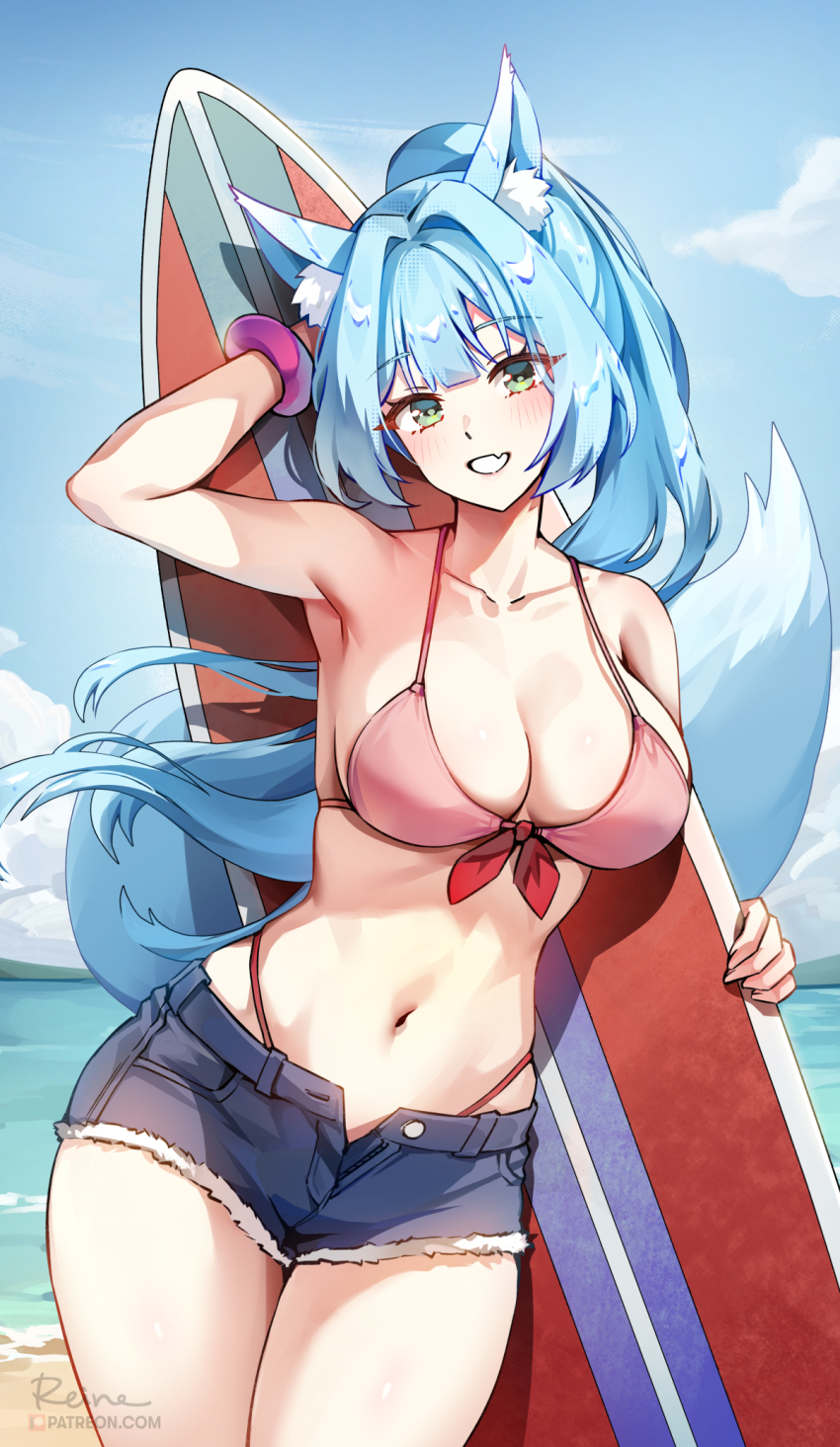 1girl animal_ear_fluff animal_ears arm_up bare_shoulders beach bikini blue_hair blue_shorts blue_sky blush breasts cleavage collarbone fox_ears fox_tail foxyreine green_eyes highres large_breasts long_hair looking_at_viewer navel open_mouth original pink_bikini shore shorts sister_reine_(foxyreine) sky smile solo surfboard swimsuit tail thighs