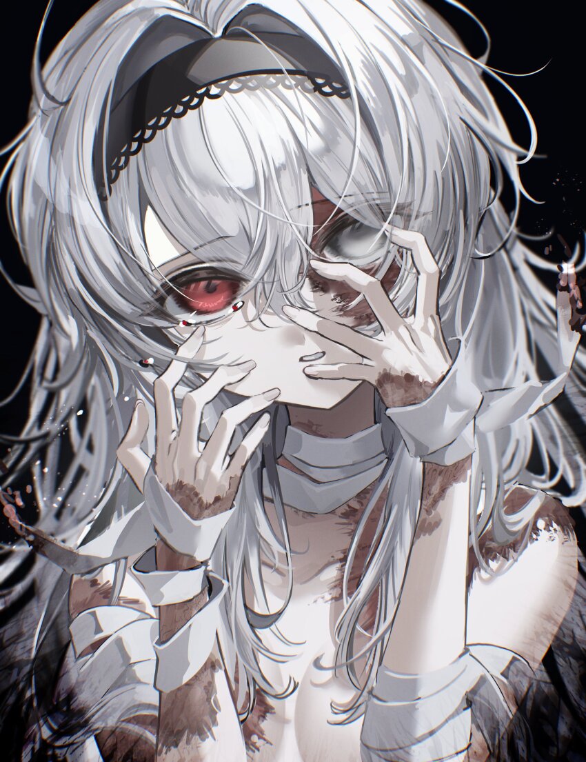 1girl absurdres bandaged_arm bandages breasts burn_scar commentary hair_intakes hairband hands_on_own_face hands_up heterochromia highres lace-trimmed_hairband lace_trim long_hair looking_at_viewer moduku nude original red_eyes scar small_breasts solo upper_body white_eyes white_hair