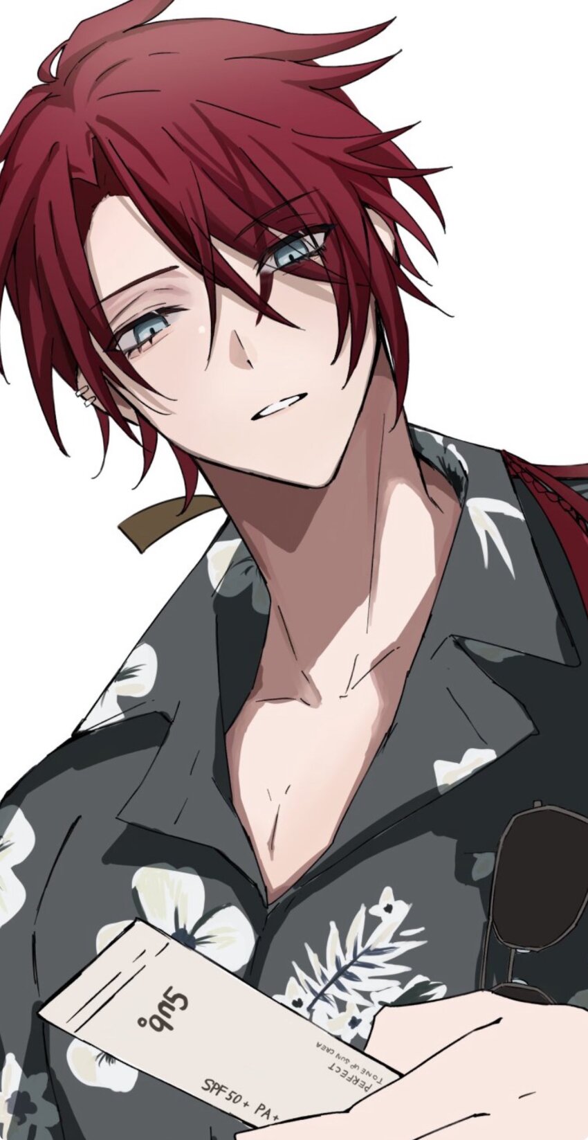 1boy absurdres collarbone commentary_request eyes_visible_through_hair floral_print floral_print_shirt goke_kanemitsu hawaiian_shirt head_tilt hibiscus_print highres holding long_hair looking_at_viewer low_ponytail male_focus parted_lips pectoral_cleavage pectorals ponytail print_shirt red_hair shirt simple_background solo touken_ranbu upper_body white_background yano_(merico_jp)