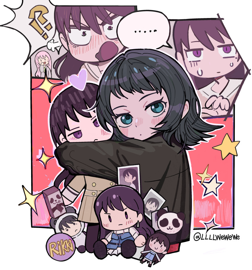 ... 3girls absurdres bang_dream! bang_dream!_it&#039;s_mygo!!!!! black_hair black_jacket blush brown_dress character_doll chihaya_anon commentary doll dress green_necktie grey_jacket hanasakigawa_school_uniform hand_up highres hug hugging_object jacket llllwewewe long_hair long_sleeves medium_hair mole mole_under_eye multiple_girls necktie open_mouth pink_hair pleated_dress puff_of_air purple_eyes purple_hair school_uniform shiina_taki sidelocks spoken_ellipsis sweatdrop yahata_umiri yuri