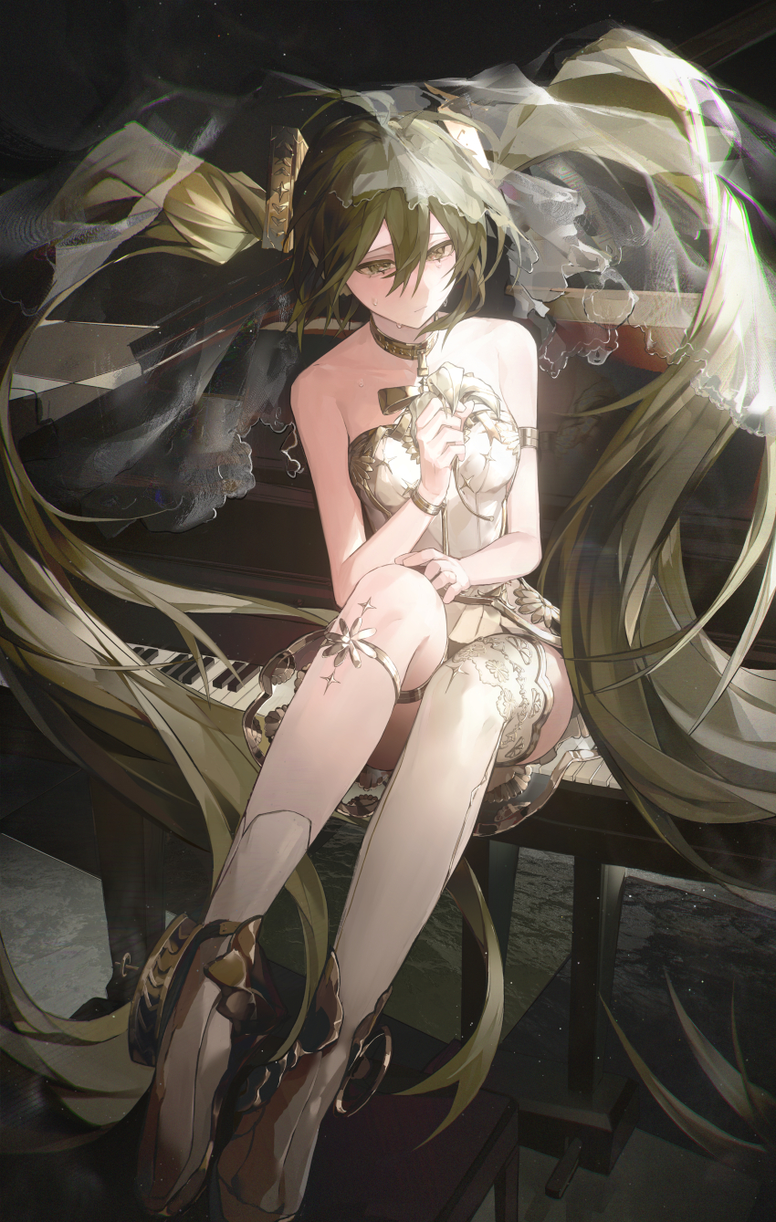 1girl :/ absurdly_long_hair absurdres asymmetrical_legwear bare_shoulders brown_shoes chair closed_mouth commentary crying crying_with_eyes_open dress flower full_body gold_choker gramophone_miku green_eyes green_hair hair_between_eyes hair_ornament hatsune_miku highres holding holding_flower instrument long_hair miku_symphony_(vocaloid) piano shoes sitting socks solo symbol-only_commentary tears thighhighs twintails uneven_legwear veil very_long_hair vocaloid watermark weibo_watermark white_dress white_flower white_socks white_thighhighs zadun