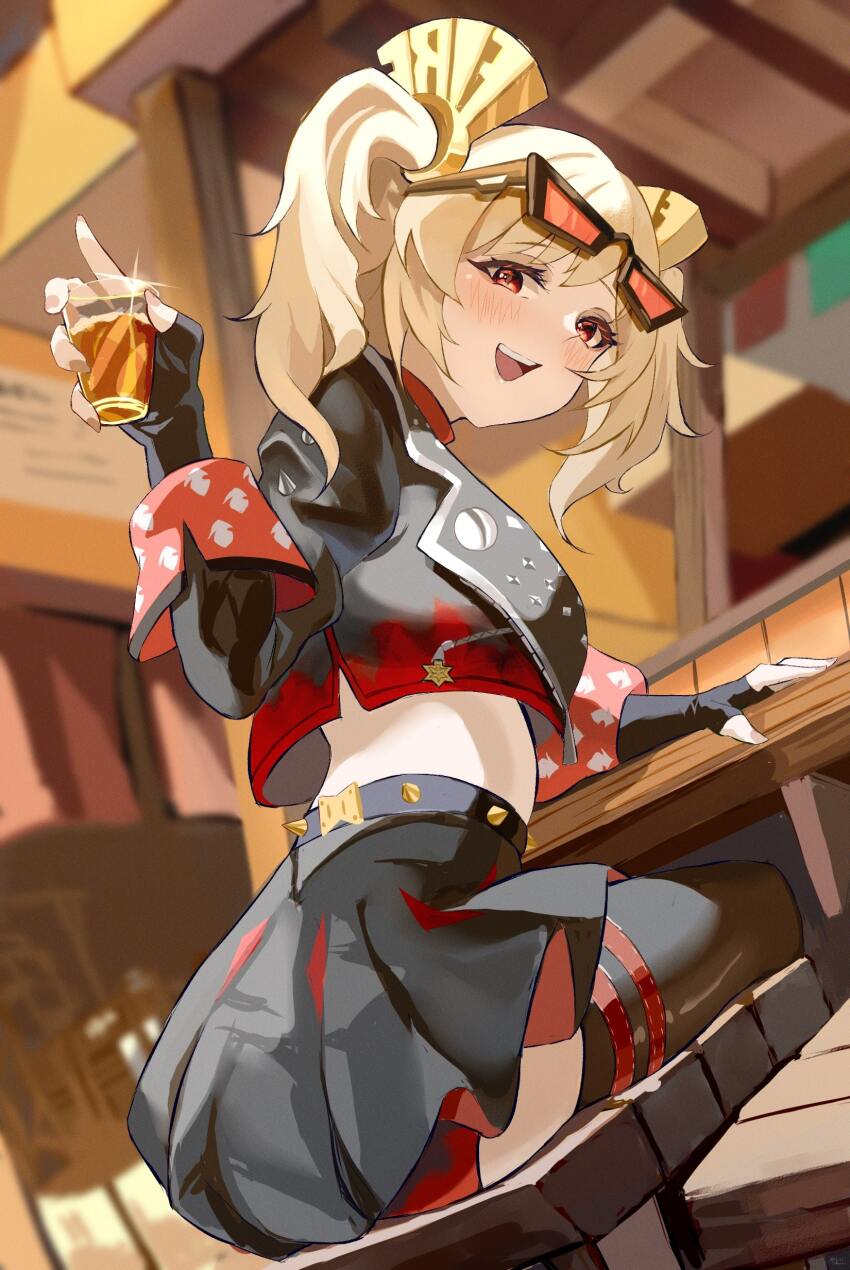 1girl absurdres black_gloves black_jacket black_skirt black_thighhighs blonde_hair burnice_white cropped_jacket cup fingerless_gloves flame_print gloves highres holding holding_cup jacket looking_at_viewer medium_hair open_mouth red_eyes skirt solo teeth thighhighs two_side_up upper_teeth_only yato_(yama0x1) zenless_zone_zero