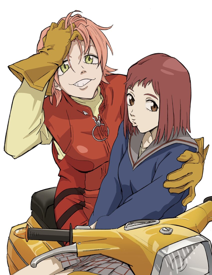 2girls breasts brown_eyes flcl gloves green_eyes hair_between_eyes haruhara_haruko highres lips medium_breasts motor_vehicle multiple_girls pink_hair pink_punk_ponk red_hair samejima_mamimi school_uniform scooter simple_background sitting sitting_on_person skirt teeth vespa white_background yellow_gloves