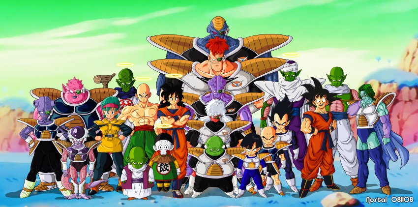 1girl absurdres armor bald black_hair blue_skin boots bulma burter cape captain_ginyu chaozu cloud colored_skin dende dodoria dragon_ball facepaint frieza ginyu_force gloves green_hair green_skin guldo hat highres horns jeice kami kami-sama_(dragon_ball) kuririn long_hair neil open_mouth orange_hair piccolo pink_skin recoome red_skin scar short_hair silver_hair sky smile son_gohan son_goku tail teeth tenshinhan thighhighs tongue topless_female vegeta yamcha zarbon