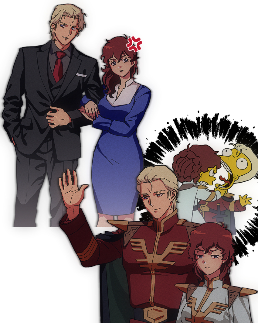 1boy 1girl amuro_ray anger_vein arm_hug black_cape black_jacket black_pants black_shirt black_vest blonde_hair blue_dress blue_eyes braid braided_bun brown_hair cape char&#039;s_counterattack char_aznable closed_mouth collared_dress collared_shirt colored_skin commentary_request couple cropped_legs dress formal_clothes genderswap genderswap_(mtf) gundam hair_bun hair_over_shoulder hair_up hand_up hetero highres jacket long_hair long_sleeves matt_groening_(style) military_uniform multiple_views necktie neo_zeon pants parted_lips red_necktie shirt short_hair simple_background strangling suit suit_jacket the_simpsons tongue tongue_out two-tone_dress upper_body vest white_background yellow_skin yy0880yy