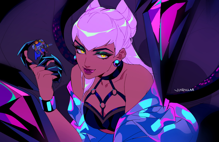 1boy artist_name asymmetrical_bangs black_choker bracelet breasts choker claw_(weapon) cone_hair_bun cropped_jacket dark_skin demon demon_girl earrings evelynn_(league_of_legends) eyeshadow floating_earrings garen_(league_of_legends) green_eyeshadow hair_bun highres jacket jewelry jinzillaa k/da_all_out_evelynn league_of_legends long_hair looking_at_viewer makeup medium_breasts o-ring off_shoulder open_clothes open_jacket purple_background purple_hair purple_jacket purple_lips revealing_clothes slit_pupils the_baddest_evelynn tiny tongue tongue_out weapon