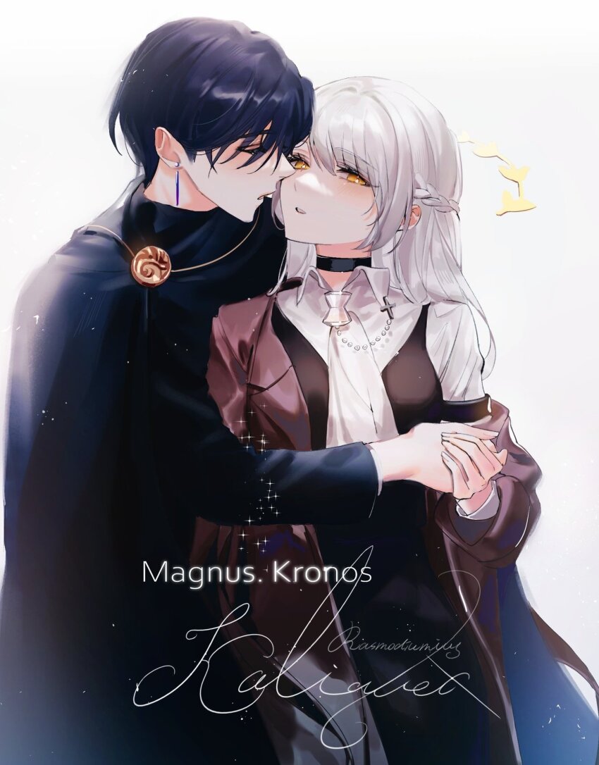 1boy 1girl black_choker black_hair braid brown_coat choker closed_eyes coat collared_shirt hair_between_eyes half_up_braid half_updo highres holding_hands long_hair original parted_lips shirt short_hair white_background white_hair white_shirt yellow_eyes yp1091