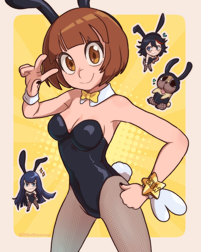 3girls absurdres animal_ears artist_name ben-day_dots billdadinosaur black_hair blue_eyes blush bow bracelet breasts brown_eyes brown_hair character_name cleavage clenched_hand detached_collar dog embarrassed frown guts_(kill_la_kill) highres jewelry kill_la_kill kiryuuin_satsuki leotard long_hair looking_at_viewer mankanshoku_mako matoi_ryuuko multiple_girls outside_border playboy_bunny pug rabbit_ears rabbit_tail screentones short_hair smile sparkle star_bracelet tail v wrist_cuffs yellow_bow