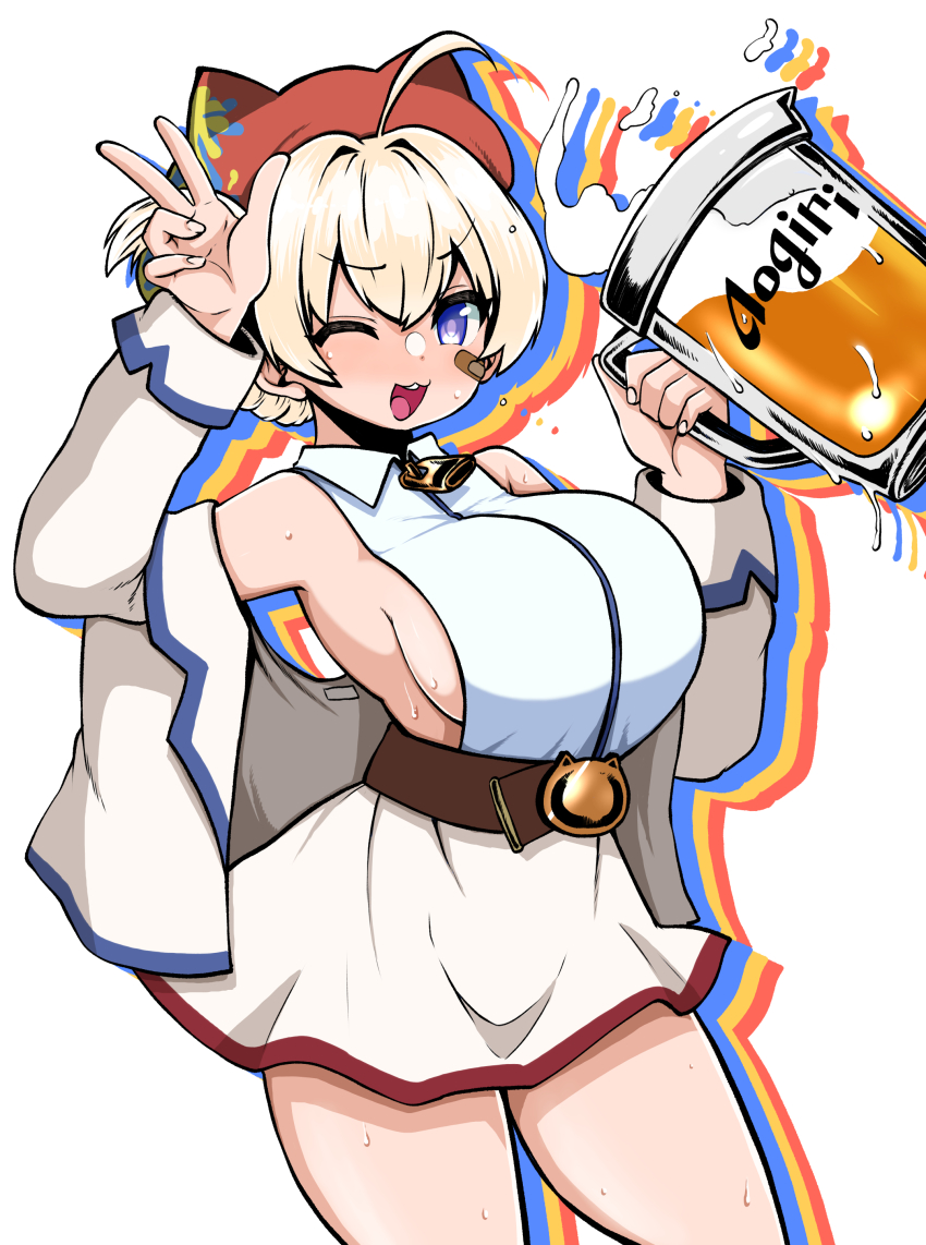 1girl ;d absurdres ahoge animal_ears aogiri_koukou bandaid bandaid_on_face beer_mug blonde_hair blue_eyes blush breasts commentary_request cup dress highres himajin_noizu holding holding_cup large_breasts looking_at_viewer mug one_eye_closed ooshiro_mashiro open_mouth short_hair sideboob simple_background smile solo virtual_youtuber w white_background white_dress