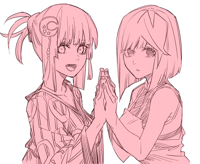 2girls closed_mouth hagino_noa hands_up happy haruba_negi japanese_clothes kimono looking_at_viewer moon_(ornament) multicolored_hair multiple_girls official_art open_mouth pink_hair ponytail runa_(sentai_dai_shikkaku) sentai_daishikkaku serious simple_background smile tongue two-tone_hair white_background white_hair yukata