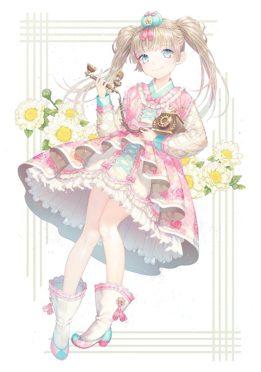 1girl antique_phone blonde_hair blue_eyes boots braid closed_mouth female_focus floral_background flower full_body hair_ornament hanbok highres holding holding_phone korean_clothes long_hair looking_at_viewer on_head original petticoat phone pigeon-toed rotary_phone saban smile solo twintails white_background white_boots white_flower