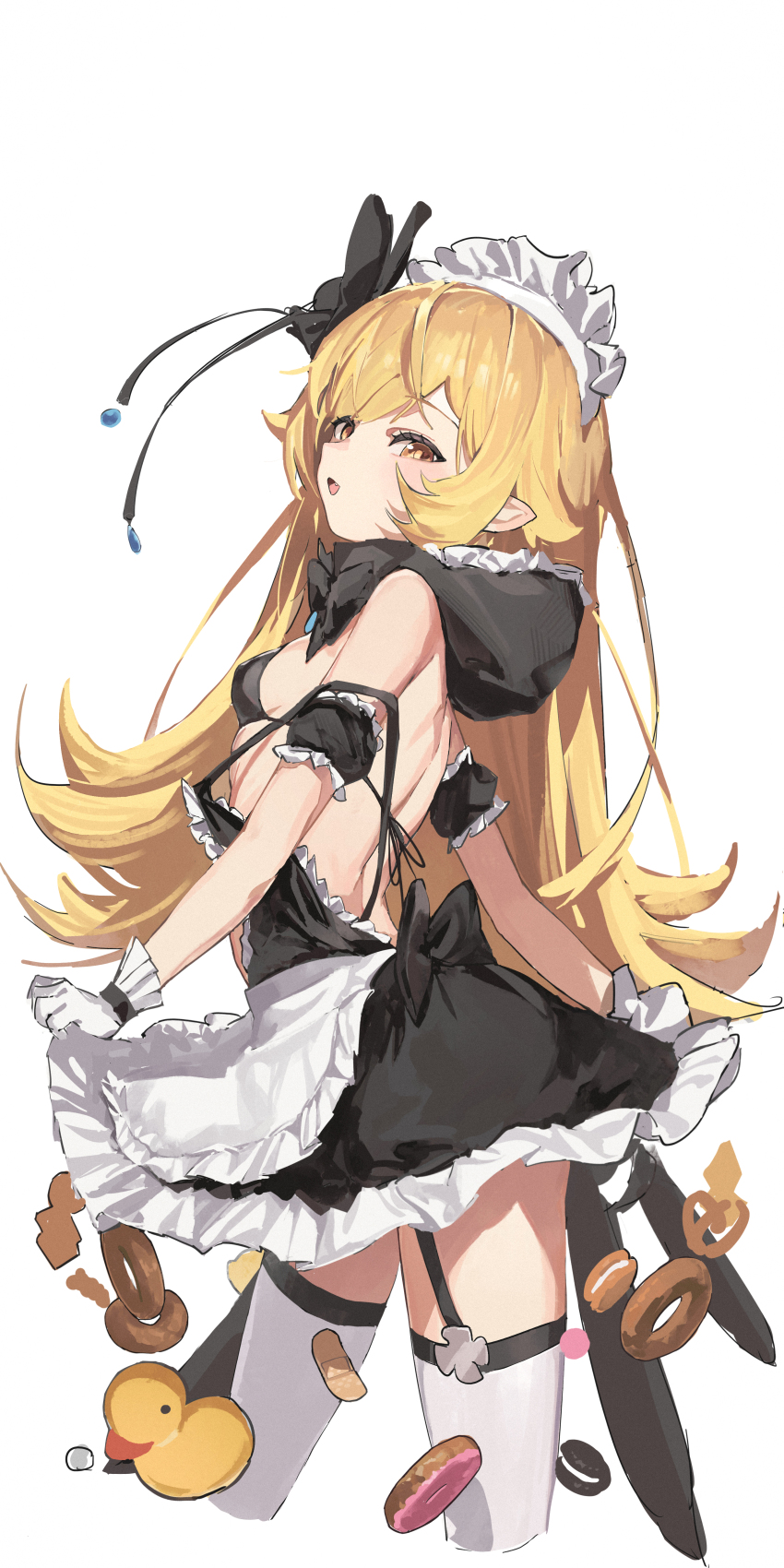 absurdres apron berserker_r bikini blonde_hair bow donut food garter_straps gloves highres long_hair maid maid_apron maid_bikini maid_headdress monogatari_(series) oshino_shinobu swimsuit thighhighs unconventional_maid white_thighhighs yellow_eyes