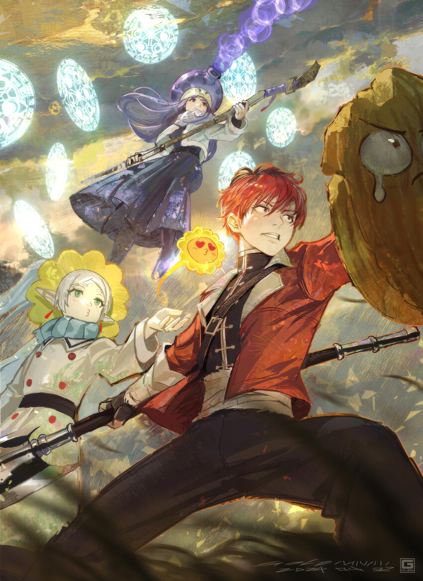 1boy 1other 2girls absurdres axe battle_axe black_hair black_pants black_sash blowing_kiss capelet closed_mouth cloud cloudy_sky coat crossover double-sided_axe dress earrings elf fern_(sousou_no_frieren) fighting_stance fingerless_gloves floating_earring flower frieren frieren_blowing_a_kiss fume-shroom_(plants_vs_zombies) fur-trimmed_coat fur_trim furrowed_brow gloves golemmm grass green_eyes hat heart heart-shaped_pupils highres holding holding_axe holding_shield holding_staff holding_weapon jewelry long_hair long_sleeves mage_staff magic meme multicolored_hair multiple_girls open_clothes pants parted_bangs plants_vs_zombies pointy_ears purple_eyes purple_hair red_hair sash shield sidelocks sky sousou_no_frieren staff stark_(sousou_no_frieren) sunflower_(plants_vs_zombies) symbol-shaped_pupils teardrop teeth v-shaped_eyebrows wall-nut_(plants_vs_zombies) walnut weapon white_coat white_dress white_hair yellow_flower