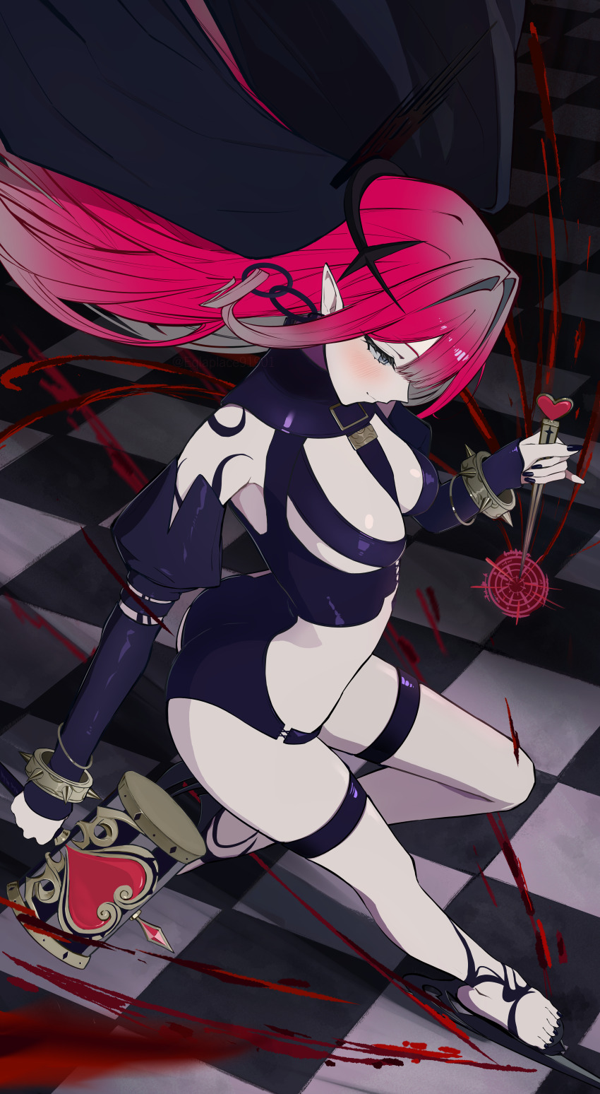 1girl absurdres ass baobhan_sith_(fate) baobhan_sith_(second_ascension)_(fate) between_breasts black_dress black_footwear black_nails black_veil blush bracelet breasts checkered_floor closed_mouth detached_sleeves dress earrings fate/grand_order fate_(series) grey_eyes hair_intakes heart highres holding holding_mallet hoop_earrings jewelry knitting_needle large_breasts long_sleeves looking_down mallet medium_hair nail_polish needle pale_skin pink_hair pointy_ears revision solo spiked_bracelet spikes strap_between_breasts thigh_strap thighs toenail_polish toenails toes underbust uriuriyukitti veil