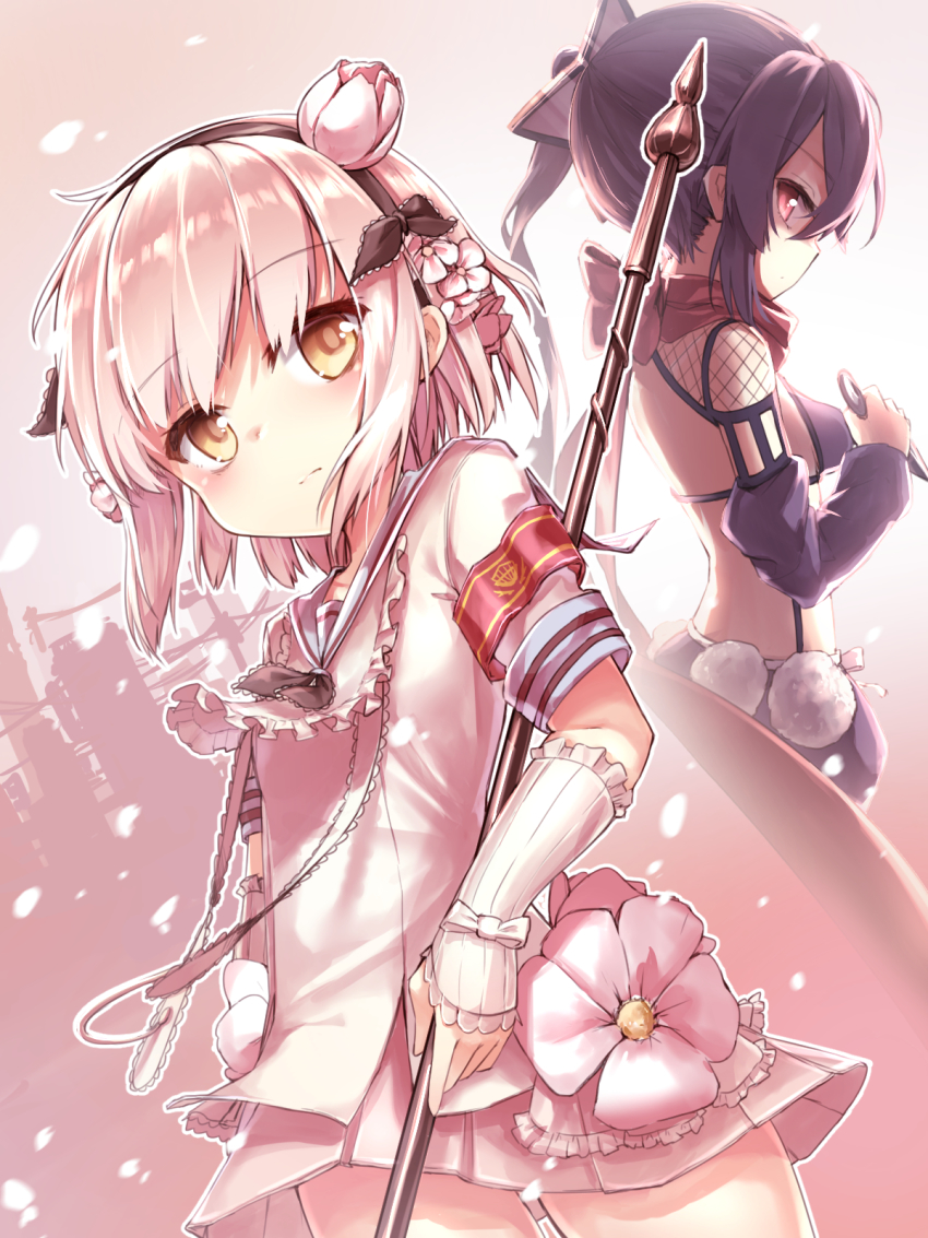 2girls armband black_hairband black_ribbon closed_mouth commentary darnell detached_sleeves dress dutch_angle fishnets flower hair_flower hair_ornament hair_ribbon hairband high_ponytail highres holding kunai long_hair long_sleeves looking_at_viewer looking_back mahou_shoujo_ikusei_keikaku multiple_girls ninja pink_hair pleated_skirt ponytail profile puffy_shorts purple_hair purple_shorts red_eyes ribbon ripple_(mahoiku) sailor_dress short_hair shorts skirt sleeves_past_wrists snow_white_(mahoiku) weapon white_dress white_skirt yellow_eyes