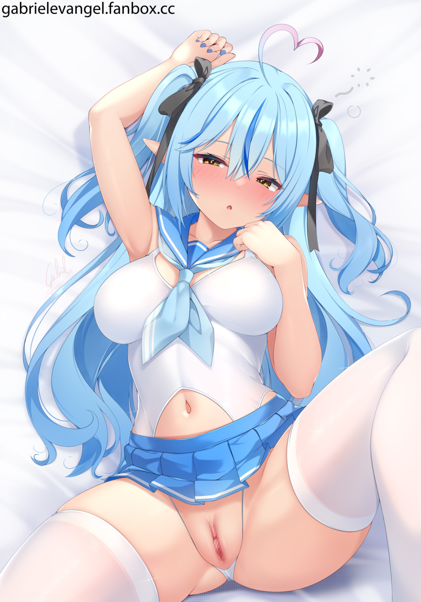 1girl absurdres ahoge arm_up armpits artist_name blue_hair blush breasts censored commentary crotchless drunk elf fanbox_username gabriel_evangel heart heart_ahoge highres hololive large_breasts leg_up leotard long_hair looking_at_viewer lying multicolored_hair navel on_back on_bed pointy_ears ribbon sailor_collar school_uniform serafuku simple_background spread_legs streaked_hair swimsuit thighhighs virtual_youtuber watermark web_address white_thighhighs yellow_eyes yukihana_lamy