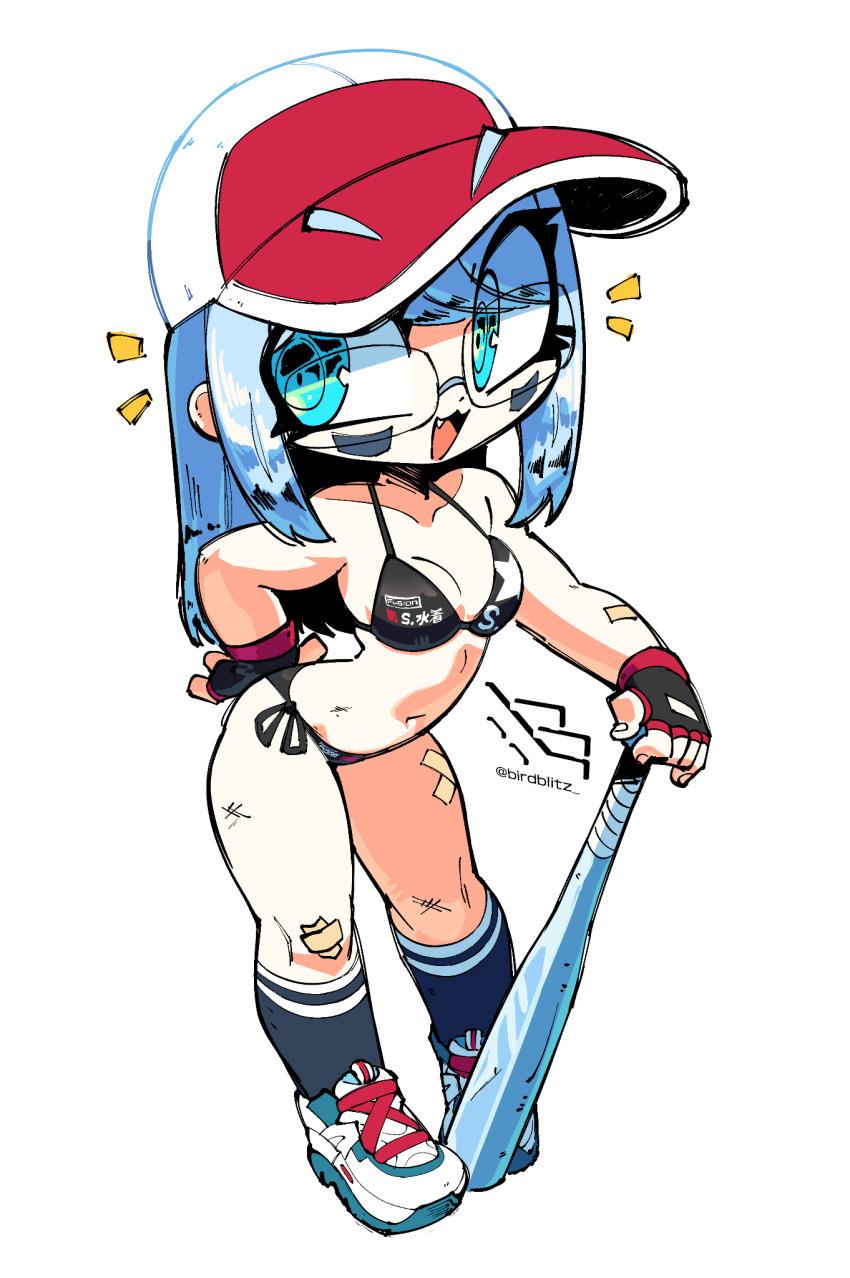 1girl :3 bandaid bandaid_on_arm bandaid_on_knee bandaid_on_leg baseball_bat baseball_cap bikini birdblitz black_bikini black_gloves black_socks blue_eyes blue_hair blush_stickers breasts cleavage commentary eyebrows_visible_through_hat fang fingerless_gloves gloves halterneck hand_on_own_hip hat highres kneehighs light_blue_hair medium_breasts medium_hair open_mouth original peanut_(birdblitz) red_hat shoes side-tie_bikini_bottom smile sneakers socks solo straight_hair string_bikini swimsuit symbol-only_commentary white_shoes
