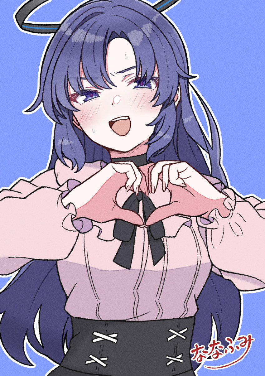 1girl absurdres black_choker black_ribbon blue_archive breasts choker fuminomino hair_down halo heart heart_hands highres jirai_kei long_hair long_sleeves looking_at_viewer mechanical_halo medium_breasts neck_ribbon pink_shirt purple_eyes purple_hair ribbon shirt solo textless_version yuuka_(blue_archive)