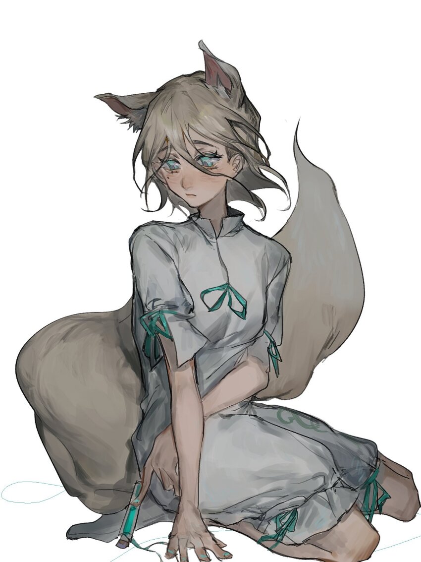 1girl alternate_eye_color animal_ear_fluff animal_ears blue_eyes breasts closed_mouth expressionless fox_ears fox_tail full_body hair_between_eyes heinrich_(fernanderuddle) highres holding holding_test_tube kudamaki_tsukasa light_brown_hair looking_to_the_side mole mole_under_eye romper short_sleeves simple_background sitting small_breasts solo tail test_tube touhou white_background white_romper yokozuwari