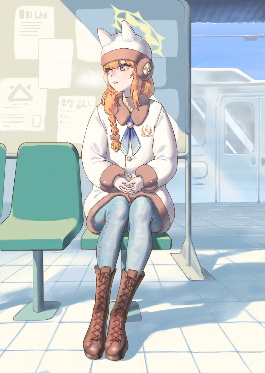 1girl absurdres alternate_costume animal_ear_headwear blue_archive blue_eyes blue_neckerchief boots braid brown_boots cat_girl chojja denim fake_animal_ears fur_trim hat highres jacket jeans long_hair mari_(blue_archive) neckerchief orange_hair own_hands_together pants sidelocks single_braid sitting solo steam_from_mouth train train_station very_long_hair white_hat white_jacket