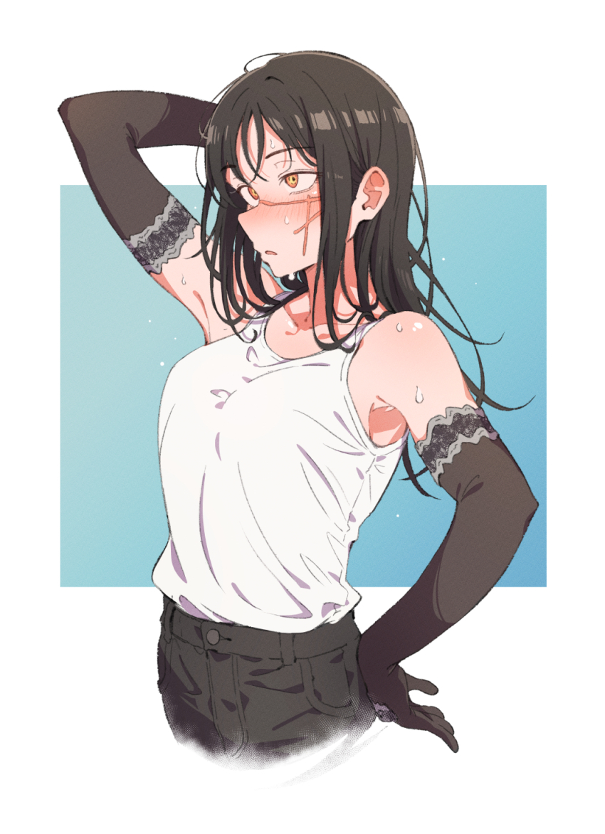 1girl arm_up black_gloves black_hair black_pants chainsaw_man commentary_request eitopondo elbow_gloves facial_scar gloves highres long_hair pants scar scar_on_cheek scar_on_face solo sweat tank_top white_tank_top yellow_eyes yoru_(chainsaw_man)