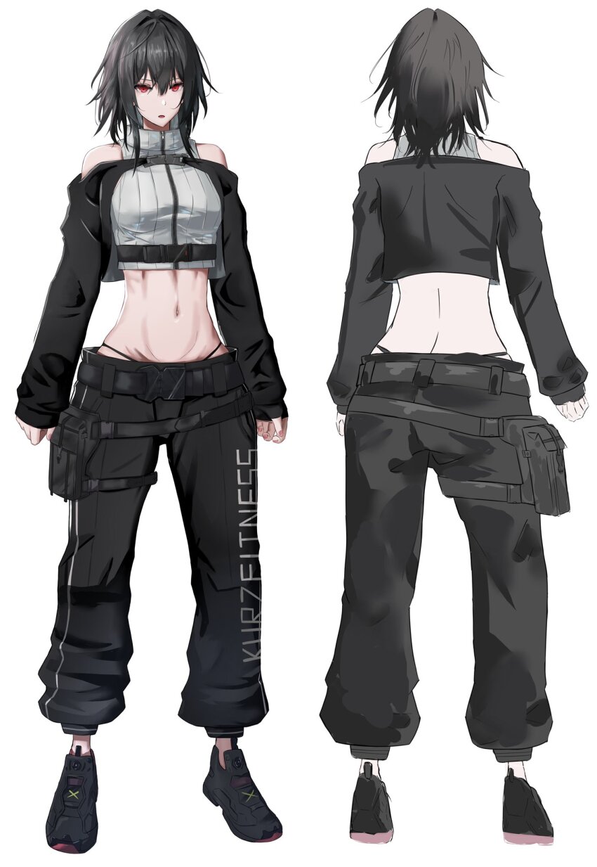 1girl artist_request black_hair groin highres midriff navel pants simple_background tagme
