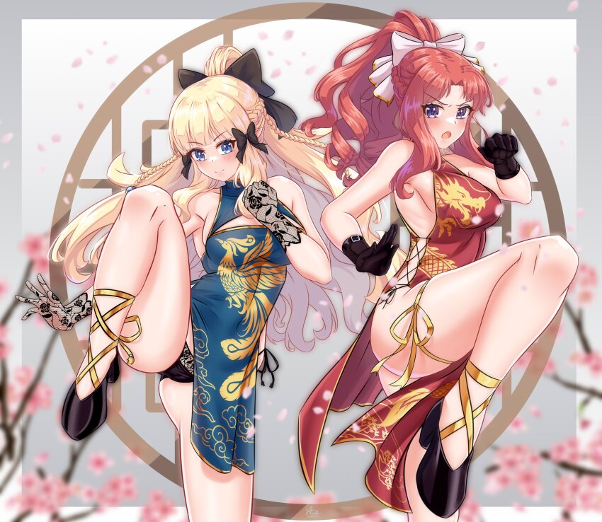 2girls absurdres akino_(princess_connect!) artist_request blonde_hair breasts china_dress chinese_clothes dress gloves highres large_breasts leg_up long_hair multiple_girls panties ponytail princess_connect! red_hair revealing_clothes saren_(princess_connect!) string_panties underwear