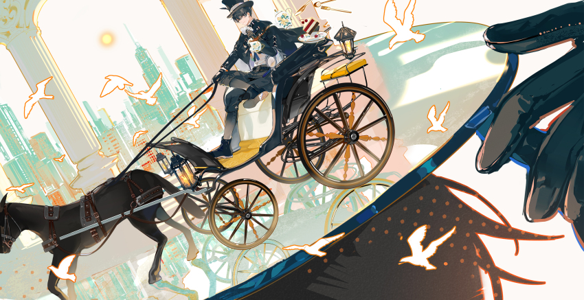 1boy 1other belt bird black_belt black_hair black_hat black_jacket black_shoes black_sleeves black_socks bowl bridle cake capri_pants carriage cityscape column cup floating_clothes food fork full_body hair_between_eyes hat highres holding holding_cup holding_reins horse jacket kerosene_lamp klein_moretti knife long_sleeves looking_to_the_side lord_of_the_mysteries male_focus orange_eyes out_of_frame pants pillar reins shirt shoes short_hair sideways_glance socks spoon suixinhaoba sun tassel teacup teapot top_hat white_background white_bird white_shirt
