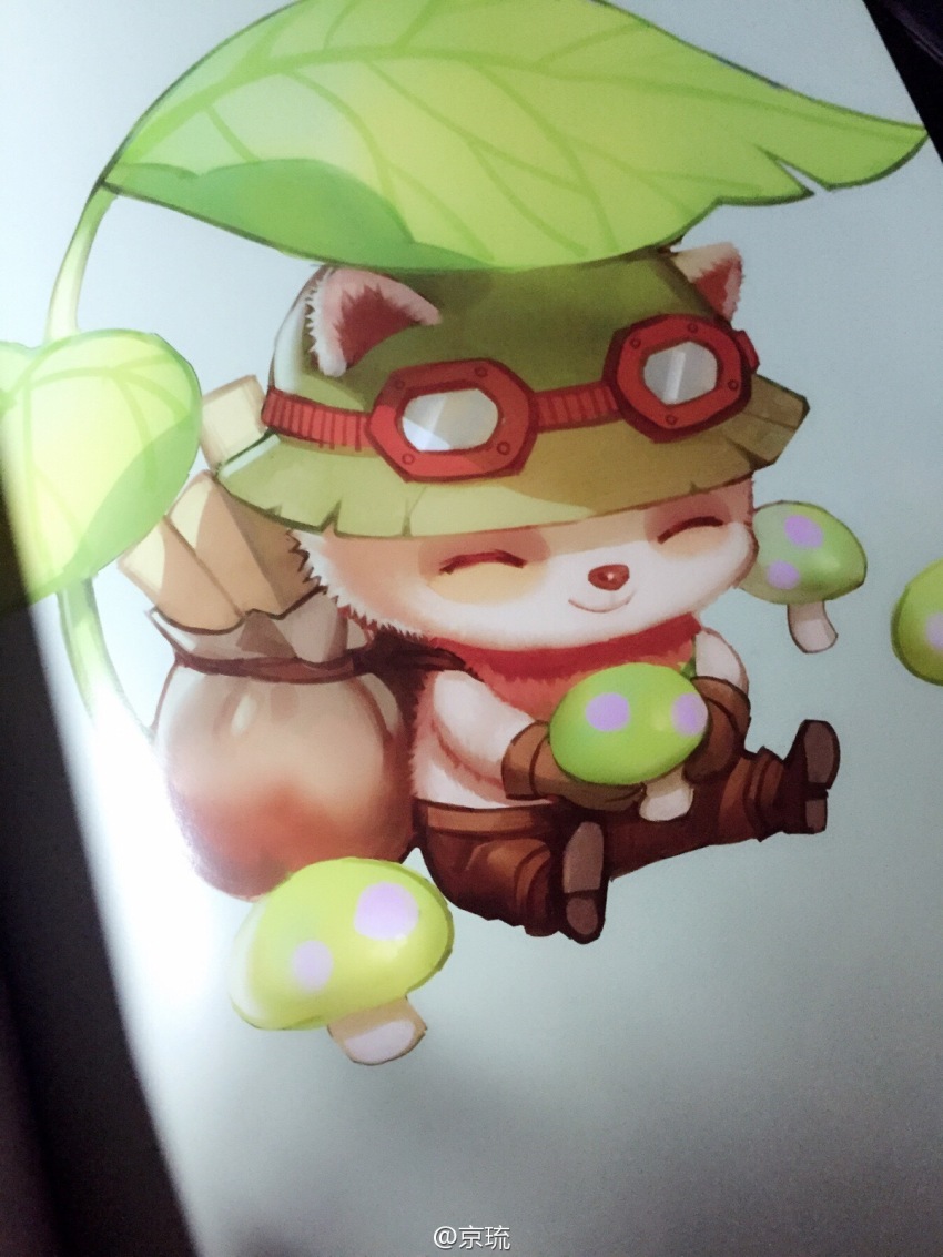 animal ask_(askzy) brown_shoes closed_eyes glasses highres leaf league_of_legends mushroom shoes sitting smile solo white_background
