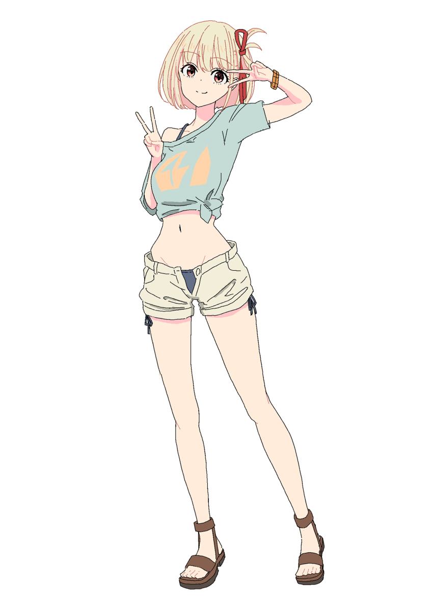 1girl absurdres aqua_shirt arm_up bikini bikini_under_clothes blonde_hair bracelet breasts double_v full_body hair_ribbon highres jewelry looking_at_viewer lycoris_recoil medium_breasts nishikigi_chisato open_fly red_eyes red_ribbon ribbon sandals shirt short_shorts shorts simple_background smile solo standing swimsuit tied_shirt umatarou_(a05867430) v white_background