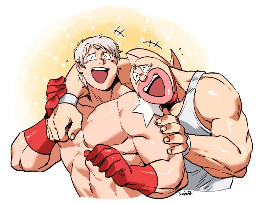 2024 2boys closed_eyes gloves grey_hair hand_on_another&#039;s_shoulder ich1go29 kinnikuman kinnikuman_(character) laughing lips multiple_boys red_gloves shirt simple_background sleeveless sleeveless_shirt star_tattoo tattoo terryman wristband