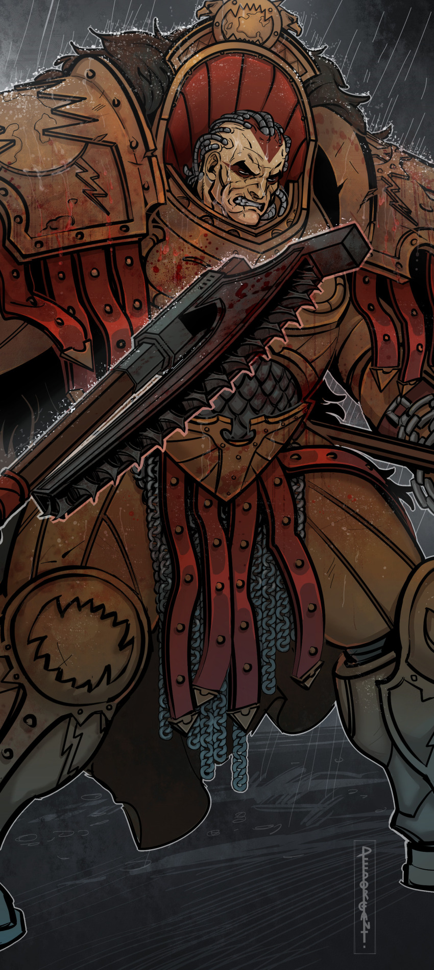 1boy absurdres angron bald blood_on_armor cable cape chain chain_axe clenched_teeth commentary english_commentary gorechild gorefather highres male_focus mechabare nan_sedal natalia_kikicheva outdoors pelt primarch rain solo standing teeth warhammer_40k water_drop wet world_eaters