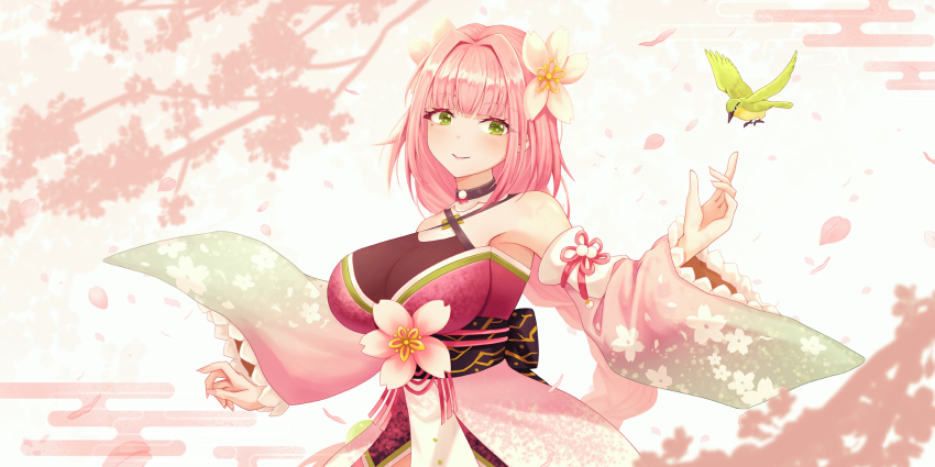 1girl bare_shoulders bird black_choker blush branch breasts cherry_blossoms choker commentary criss-cross_halter detached_sleeves floral_print flower frilled_sleeves frills green_eyes hair_flower hair_ornament halterneck highres japanese_clothes large_breasts mole mole_under_eye petals pink_flower pink_hair rune_factory rune_factory:_guardians_of_azuma solo ulalaka wide_sleeves yumicha