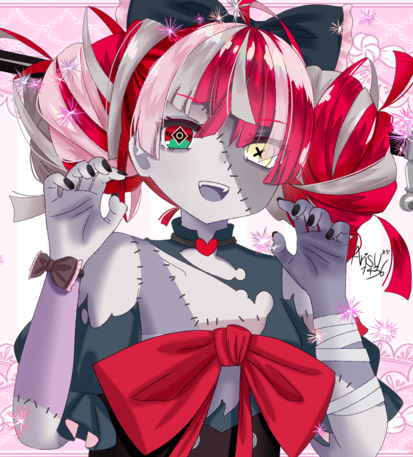 arisuuuuu.1436 bandages heterochromia highres hololive hololive_indonesia kureiji_ollie outstretched_arms ribbon virtual_youtuber zombie zombie_pose