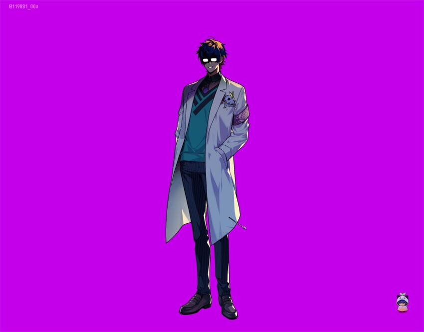 1198b1_oov 1boy animal animal_in_clothes aqua_sweater_vest armband blue_hair blue_necktie blue_pants brown_shoes coat full_body glasses grey_shirt hands_in_pockets highres lab_coat leos_vincent leos_vincent_(1st_costume) male_focus mameneko_(leos_vincent) necktie nijisanji opaque_glasses pants partially_shaded_face pink_background pinstripe_pants pinstripe_pattern purple_armband shirt shoes short_hair simple_background smile teeth tie_clip virtual_youtuber white_coat