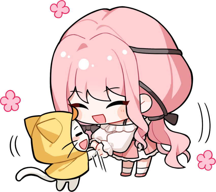1girl ^_^ absurdly_long_hair ahoge animal artist_request bare_shoulders belt black_belt black_bow black_ribbon blush_stickers bow bra_strap cat chibi cloak closed_eyes clothed_animal ear_covers eyelashes eyes_visible_through_hair flower frilled_shirt frilled_skirt frilled_sleeves frills hair_bow hair_ribbon handshake happy hood hood_up hooded_cloak infinity_nikki kneehighs layered_skirt leaning_forward long_hair long_sleeves low_twintails medium_skirt momo_(nikki) motion_lines nikki_(nikki) nikki_(series) non-web_source off-shoulder_shirt off_shoulder official_art open_mouth perfect_start_(infinity_nikki) pink_flower pink_hair pink_shoes pink_skirt puffy_long_sleeves puffy_sleeves ribbon shirt shoes sidelocks skirt smile socks speed_lines standing transparent_background tress_ribbon twintails very_long_hair wavy_hair whiskers white_cat white_shirt white_skirt white_socks yellow_cloak