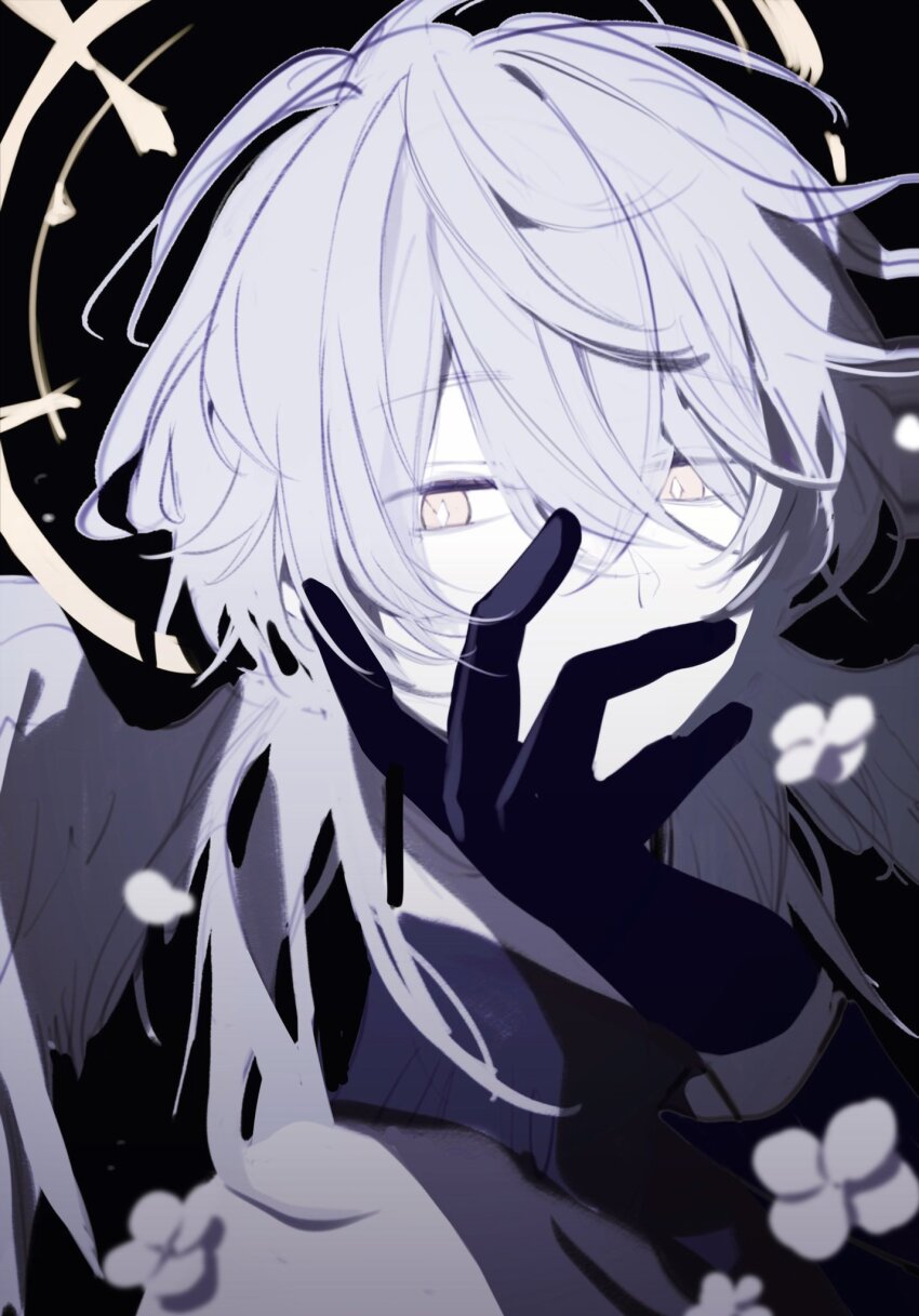 1boy black_background black_gloves black_shirt bright_pupils covered_mouth diamond-shaped_pupils diamond_(shape) earrings falling_flower feathered_wings flower gloves grey_hair hair_between_eyes halo halo_behind_head hand_on_own_cheek hand_on_own_face hashtag-only_commentary head_wings highres honkai:_star_rail honkai_(series) jacket jewelry looking_at_viewer looking_to_the_side male_focus medium_hair muted_color portrait shirt simple_background solo spiked_halo sunday_(honkai:_star_rail) symbol-shaped_pupils turtleneck urubearu white_flower white_jacket white_pupils white_wings wings yellow_eyes