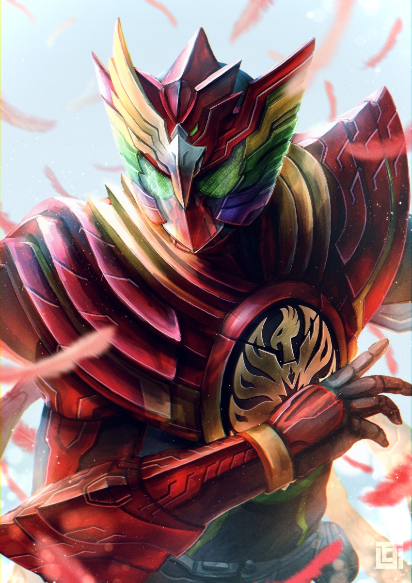 1boy absurdres armor artist_logo blue_background blue_sky commentary english_commentary feathers green_eyes helmet highres kamen_rider kamen_rider_ooo kamen_rider_ooo_(series) kozsen_810290 logo male_focus red_feathers rider_belt sky solo tajador_(ooo_combo) tajador_eternity_(ooo_combo) upper_body