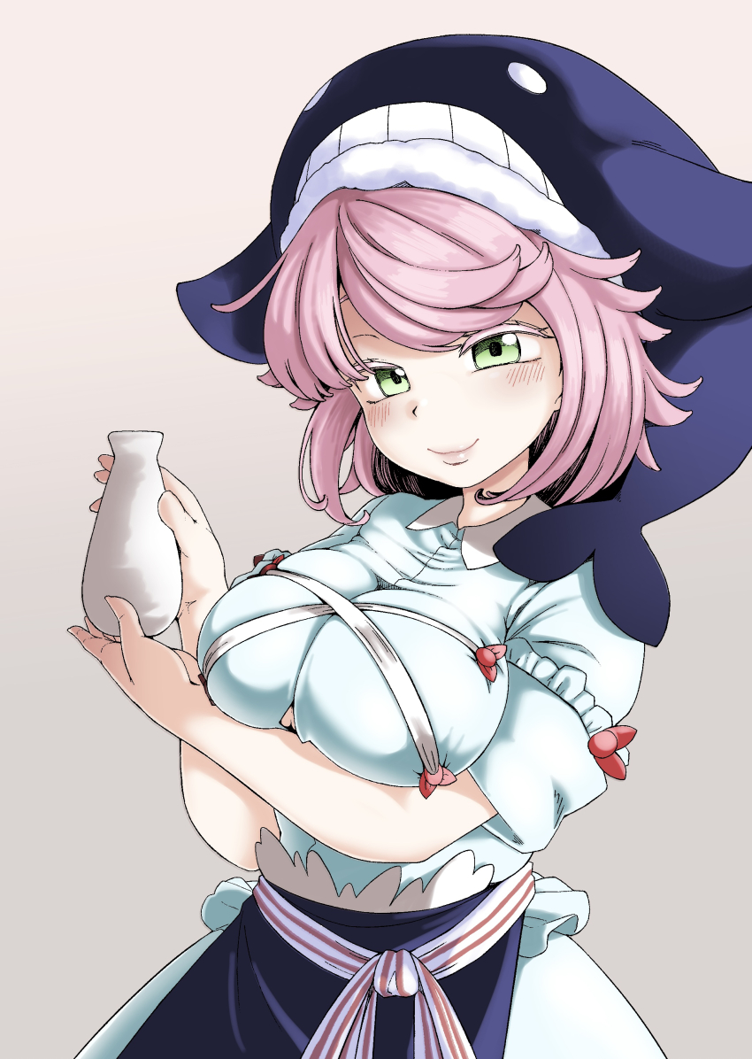 1girl absurdres apron arm_under_breasts blue_apron blue_hat blue_shirt blue_skirt blush breasts closed_mouth commentary_request cowboy_shot green_eyes grey_background hat highres large_breasts looking_at_viewer medium_hair okunoda_miyoi pink_hair shika_miso shirt skirt skirt_set smile solo tokkuri touhou waist_apron whale_hat