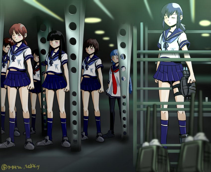 6+girls adapted_turret black_hair blue_sailor_collar blue_skirt blunt_bangs blurry brown_hair closed_eyes commentary_request depth_of_field dress fubuki_(kancolle) full_body grey_hair hatsuyuki_(kancolle) isonami_(kancolle) kantai_collection low_ponytail miyuki_(kancolle) multiple_girls murakumo_(kancolle) pleated_skirt ponytail sailor_collar sailor_dress scaffolding school_uniform serafuku shirayuki_(kancolle) shirt skirt taka_two uranami_(kancolle) white_dress white_shirt