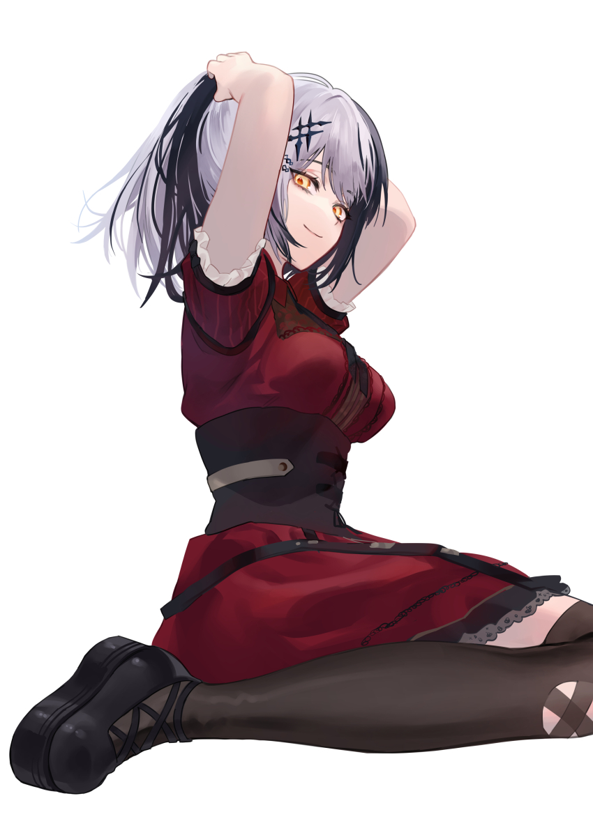 1girl absurdres arms_up black_corset black_hair black_shoes black_thighhighs closed_mouth commentary corset dress english_commentary frilled_dress frills from_side grey_hair highres hololive hololive_english looking_at_viewer misoraamenx multicolored_hair official_alternate_costume official_alternate_hairstyle ponytail red_dress shiori_novella shiori_novella_(casual) shirt shoes simple_background sitting smile solo split-color_hair thighhighs two-tone_hair tying_hair virtual_youtuber wariza white_shirt yellow_eyes