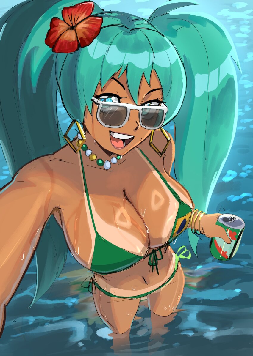 bead_necklace beads bikini brazilian_flag_bikini brazilian_miku breasts can commentary dark-skinned_female dark_skin day drink_can earrings english_commentary green_bikini green_hair hatsune_miku highres holding holding_can jewelry large_breasts long_hair looking_at_viewer necklace nipples ocean open_mouth outdoors partially_submerged selfie smile soda_can solo standing swimsuit tallinax tan tan_tattoo tanline teeth tongue twintails vocaloid
