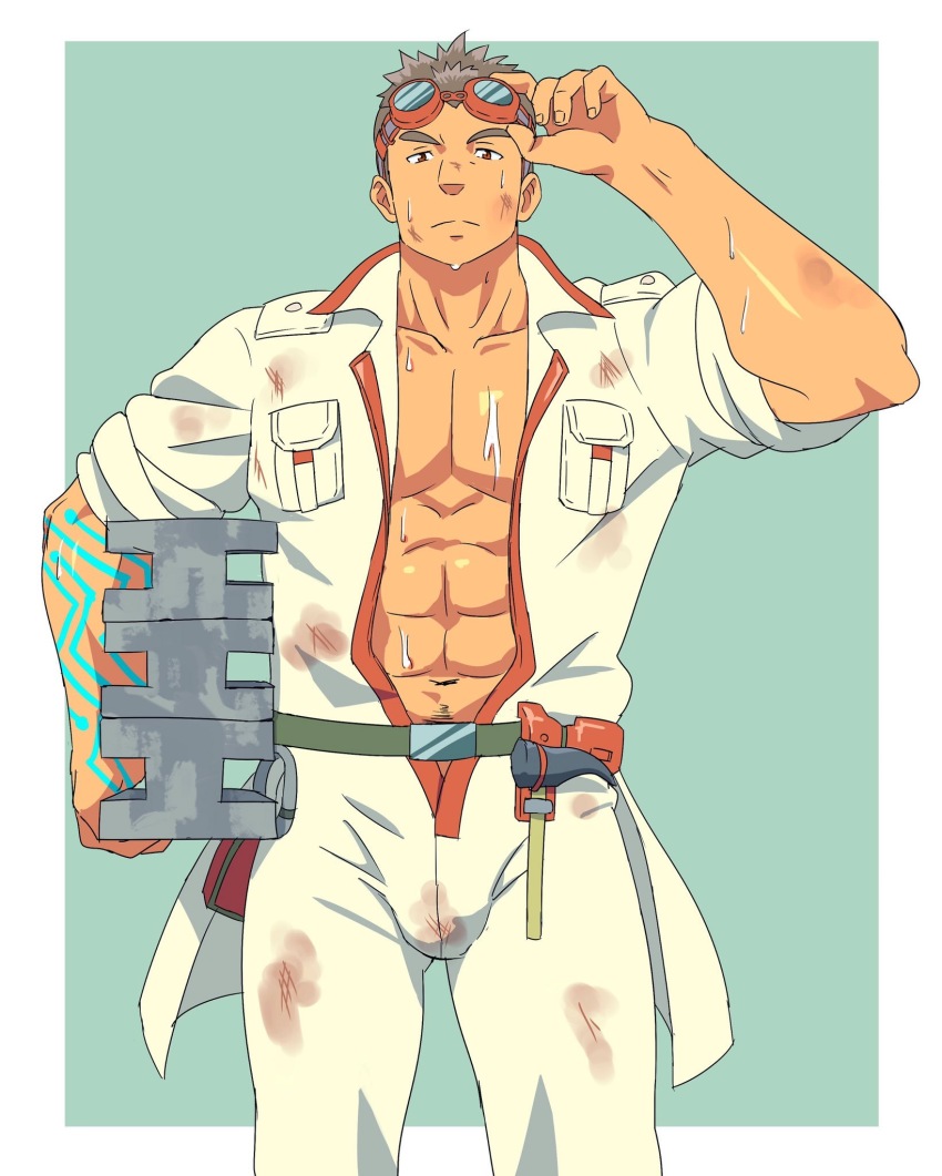 1boy abs bara body_markings bulge carrying carrying_under_arm dirty dirty_face goggles goggles_on_head green_background highres kajiya_kurogane looking_at_viewer male_focus muscular muscular_male navel navel_hair open_jumpsuit outside_border pectoral_cleavage pectorals ruizu_(takakisan503) sexually_suggestive short_hair sideburns solo stomach thick_eyebrows thighs tokyo_houkago_summoners